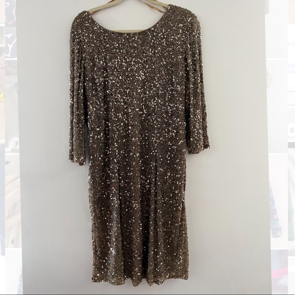 Sequin Boat Neck 3/4 sleeve Cowl Back Dress, GOLD